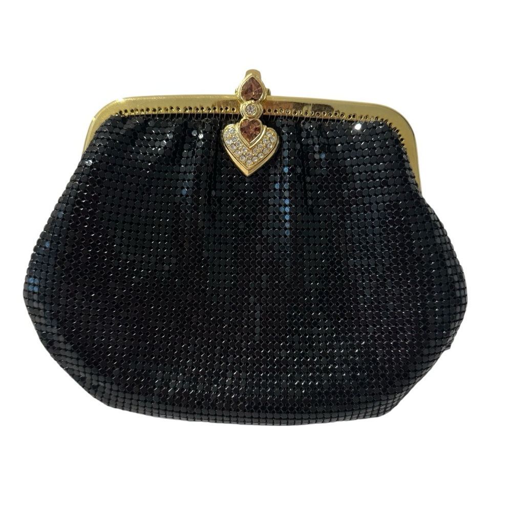 Whiting and Davis Black Mesh Purse Rhinestone Heart Clasp Vintage KISS Lock
